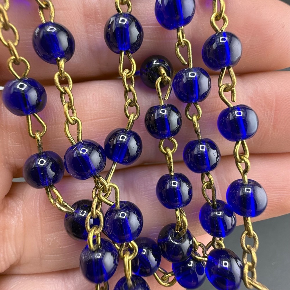 Vintage Rosary Blue Glass Beaded‎ Gold Tone St. Michael 28"